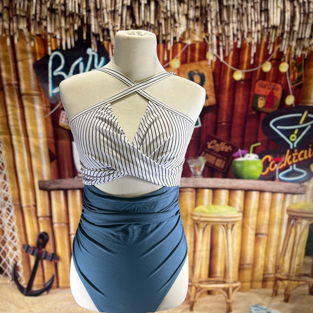 Eomenie Crisscross One Piece Swimsuit - Striped Top & Blue Bottom - Size M